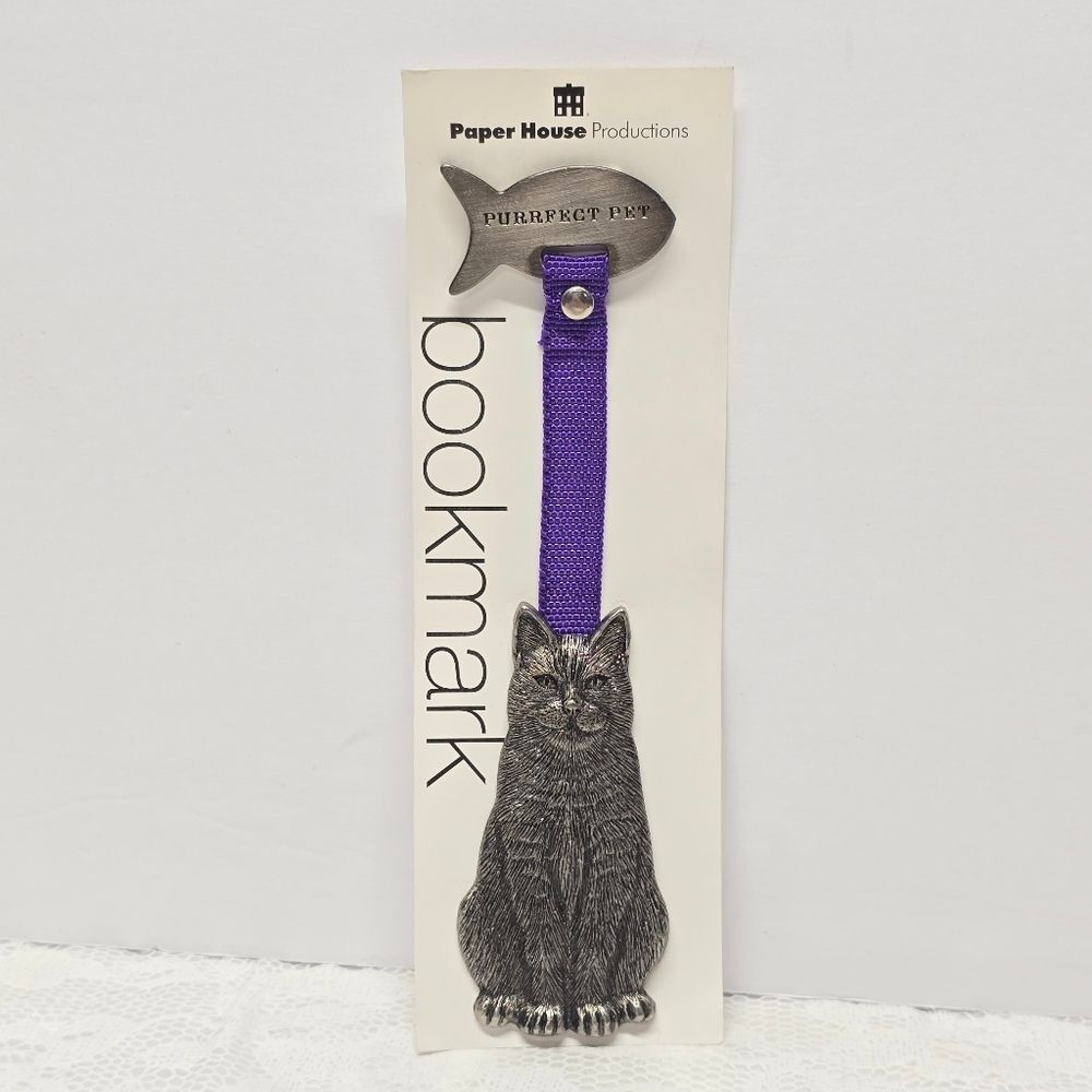Pewter Cat & Fish Bookmark with Purple Ribbon Perfect Pet NWT